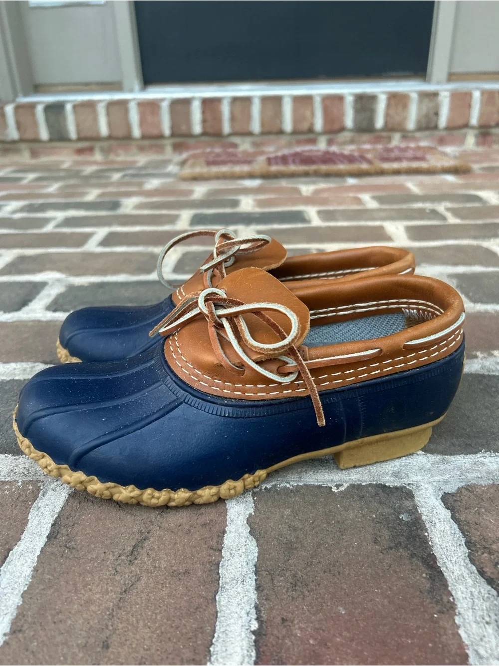 LL Bean Duck Boot Shoes Navy Blue Tan Leather Classic Rain Winter USA 6